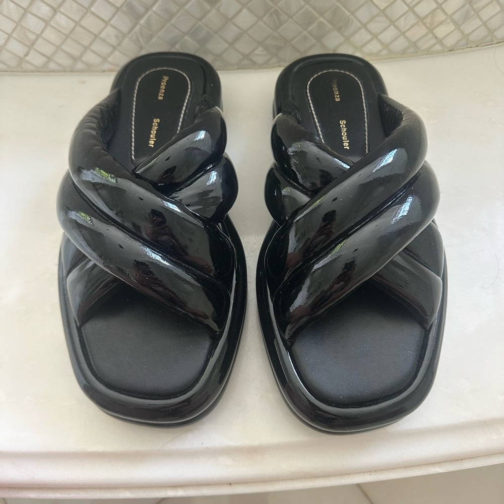 Proenza Schouler Glossy Black Twisted Strap Sandals